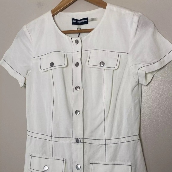 New KARL LAGERFELD PARIS Linen Blend Shirt Dress Snap Front Short Sleeve Size 2 - Picture 3 of 16